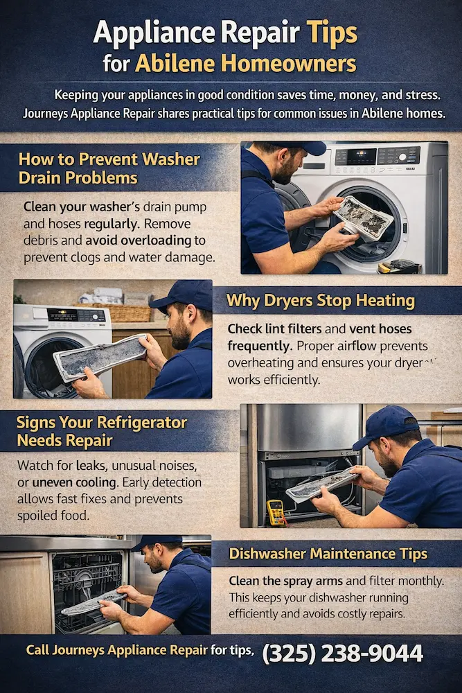 Appliance repair maintenance tips for Abilene homeowners showing washer drain cleaning, dryer lint filter maintenance, refrigerator inspection, and dishwasher filter cleaning with contact number (325) 238-9044.