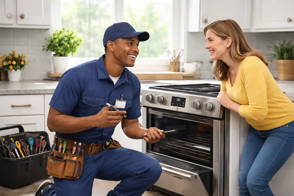 Service Area Abilene, TX โ Fast Appliance Repair 1 Professional appliance repair technician fixing an oven and talking with a homeowner in a clean, well-lit kitchen setting