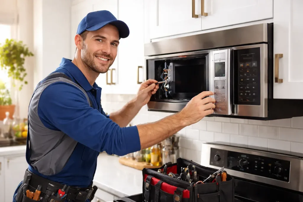Hard Water & Your Dishwasher | Abilene Repair Guide 4 Microwave repair technician servicing a built-in microwave oven in a modern Abilene TX kitchen.