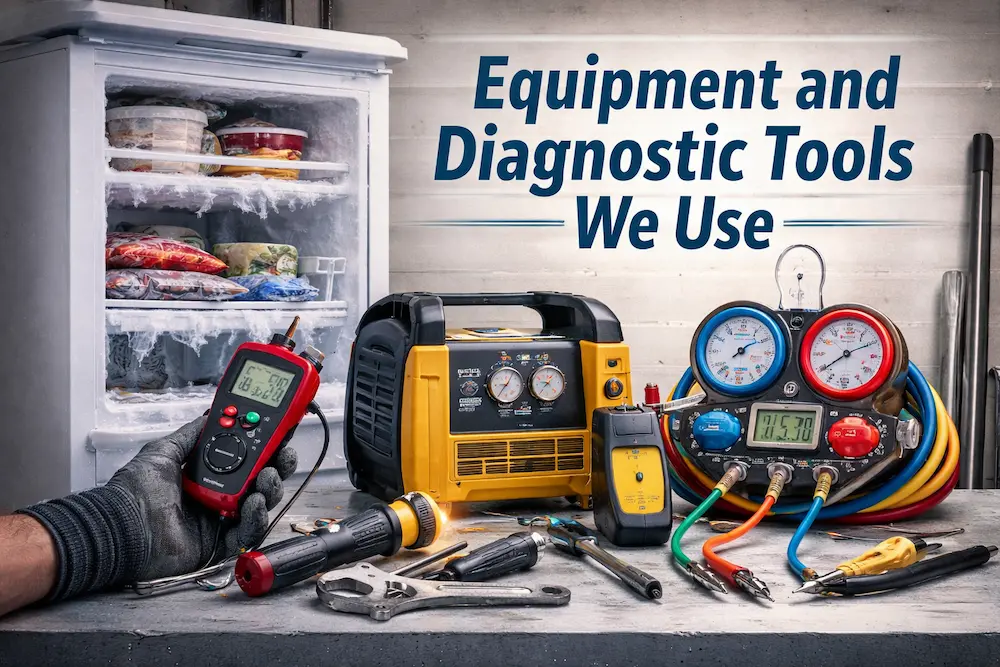 Journeys refrigerator repair diagnostic tools including digital multimeter, refrigerant gauges, and service equipment used for freezer troubleshooting and repair.
