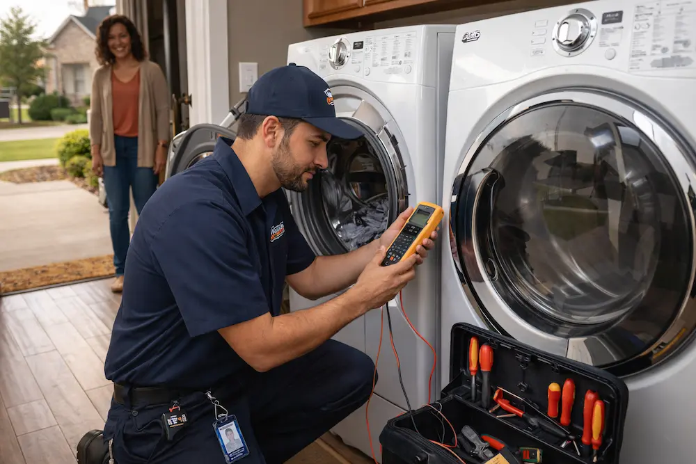 About Us – Appliance Repair Experts in Abilene, TX 1 Journeys Appliance Repair technician diagnosing a front-load washing machine while explaining the issue to a homeowner in Abilene.