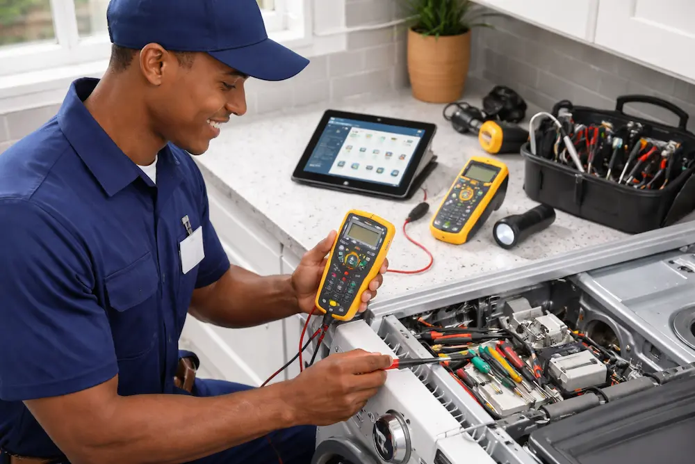 Appliance repair technician testing internal components of a washing machine with a digital multimeter and professional diagnostic tools in a clean laundry room