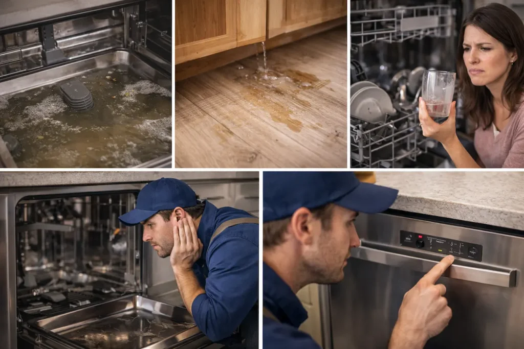 Examples of common dishwasher problems in Abilene homes including standing water in the tub, kitchen floor leaks, dirty dishes, and technician diagnosing a dishwasher control panel.
