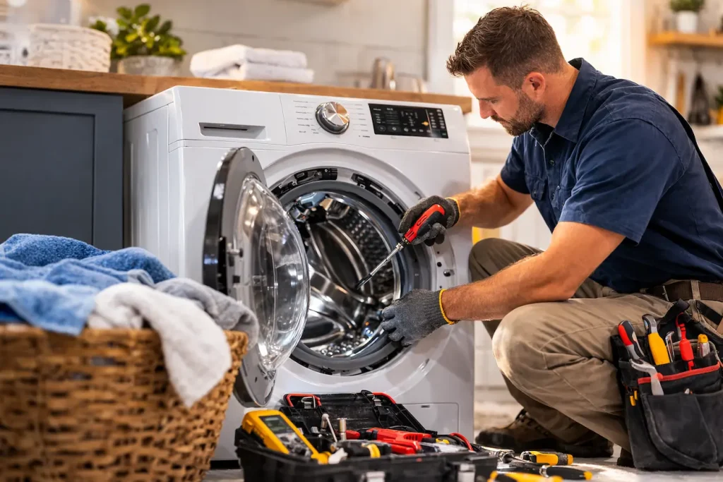 Washer Repair Abilene, TX – Same-Day Appliance Service 3 Appliance repair technician fixing a front-load washing machine in a bright home laundry room with tools and laundry basket, representing washer repair service in Abilene, Texas.