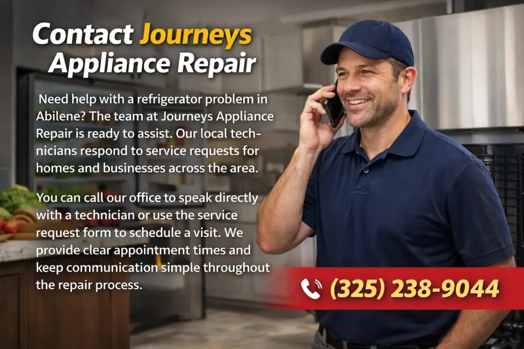 Refrigerator Repair Abilene TX | Fast & Reliable Service 4 Journeys Appliance Repair technician speaking on the phone in a kitchen with call number 325-238-9044 for refrigerator repair in Abilene TX.