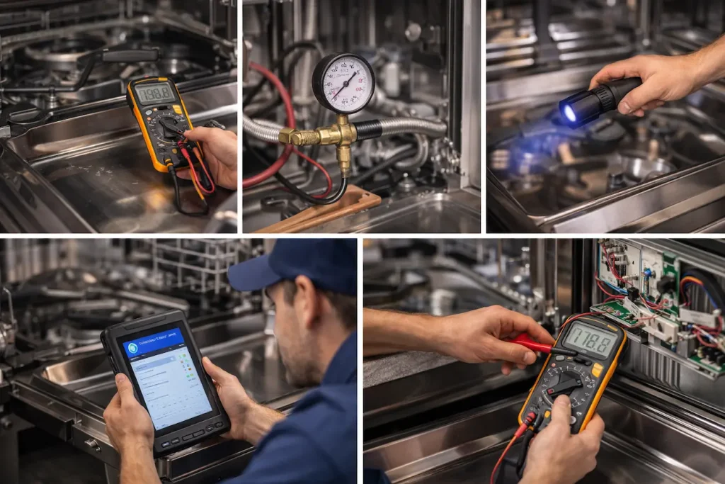 About Us – Appliance Repair Experts in Abilene, TX 4 Leaking dishwasher with standing water and a repair technician offering dishwasher repair service in Abilene Texas