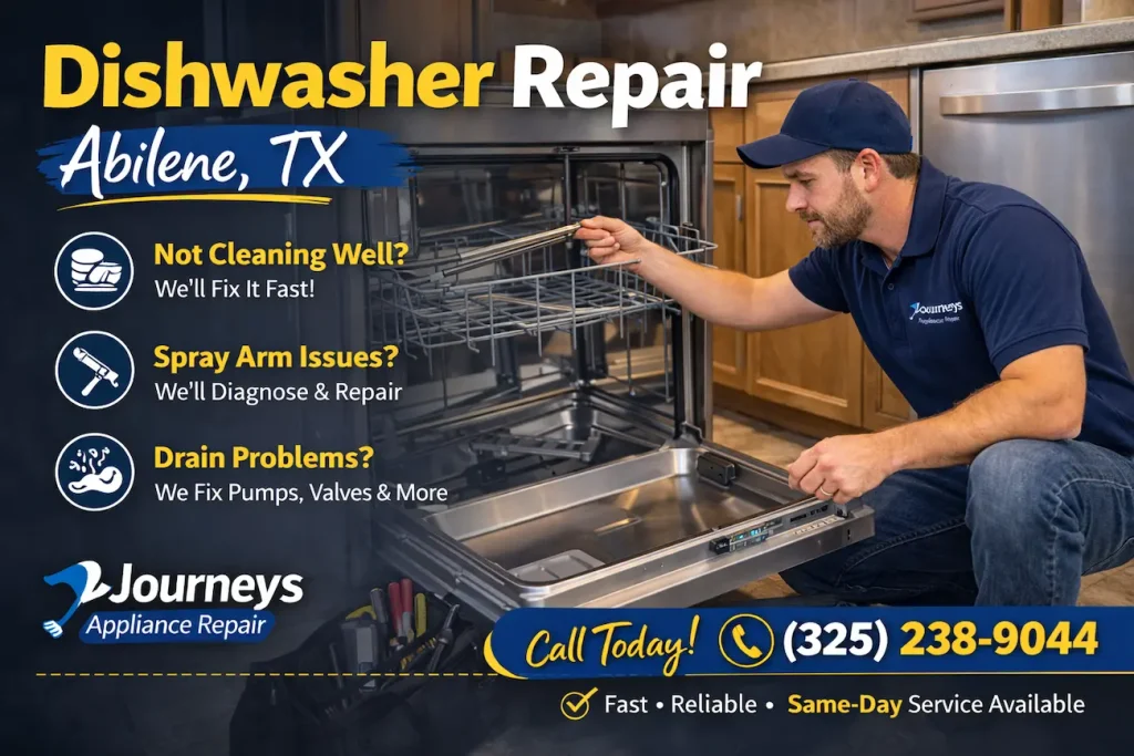 Journeys Appliance Repair technician inspecting dishwasher spray arms during repair in Abilene TX kitchen