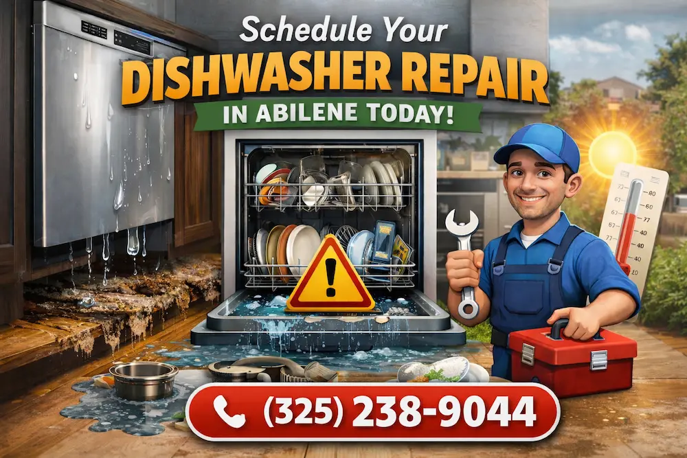 Technician repairing a leaking dishwasher with a call button for dishwasher repair service in Abilene Texas