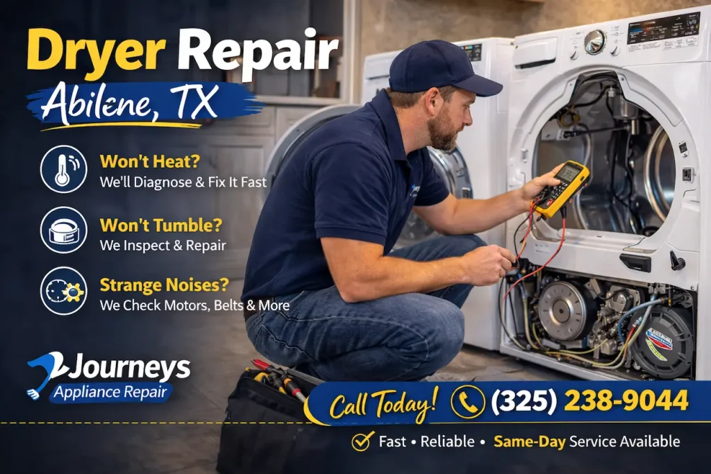 Technician testing dryer heating element with multimeter during dryer repair in Abilene TX