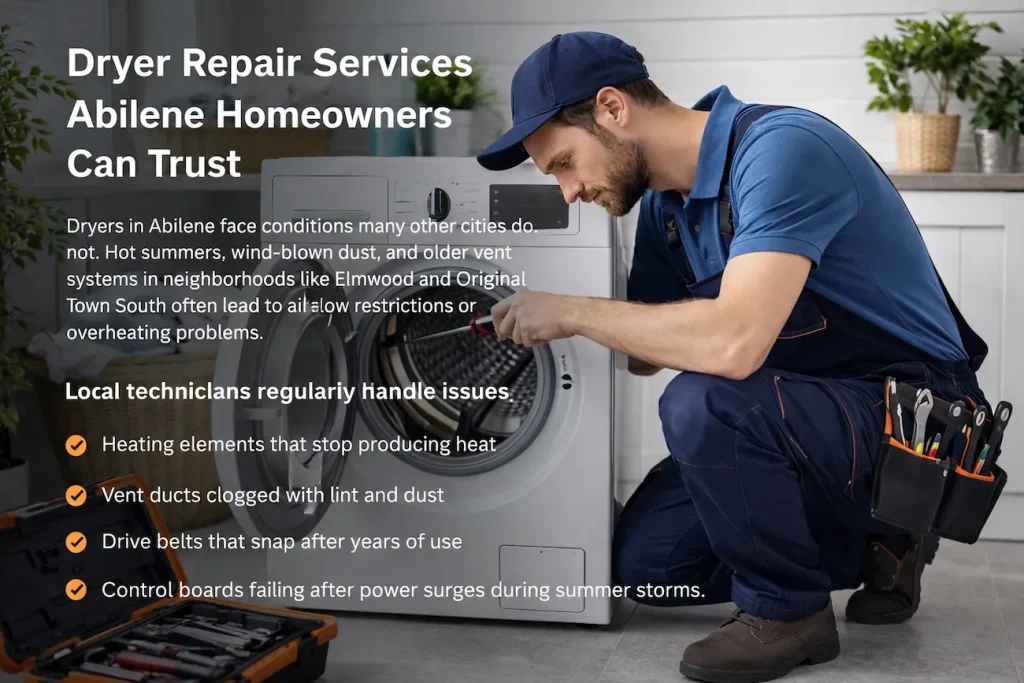 Dryer Repair Abilene, TX – Same-Day Service 1 Appliance repair technician inspecting and repairing a residential dryer with tools and an open toolkit in a modern laundry room.