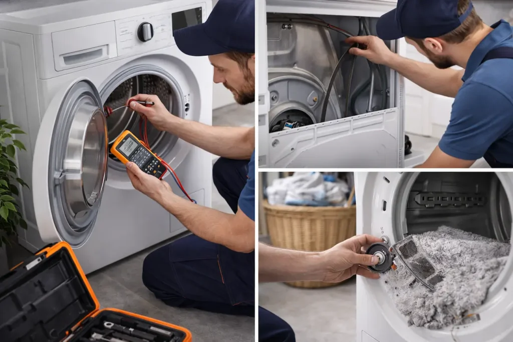 Dryer Repair Abilene, TX – Same-Day Service 2 Appliance repair technician diagnosing multiple dryer problems including heating failure, worn drive belt, and lint buildup inside a residential dryer.