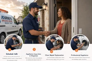 Journeys Appliance Repair technician greeting a homeowner at the front door during a service visit in Abilene, Texas.