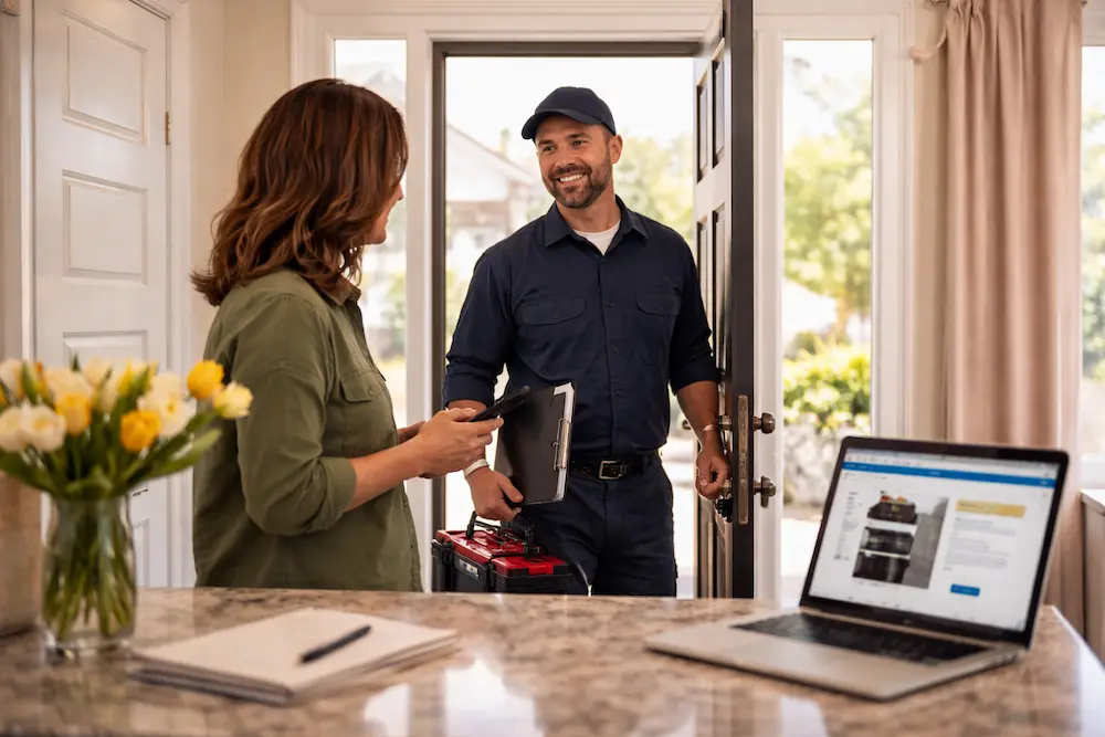Friendly appliance repair technician arriving at a homeowner’s kitchen in Abilene, TX, carrying tools and discussing service details.