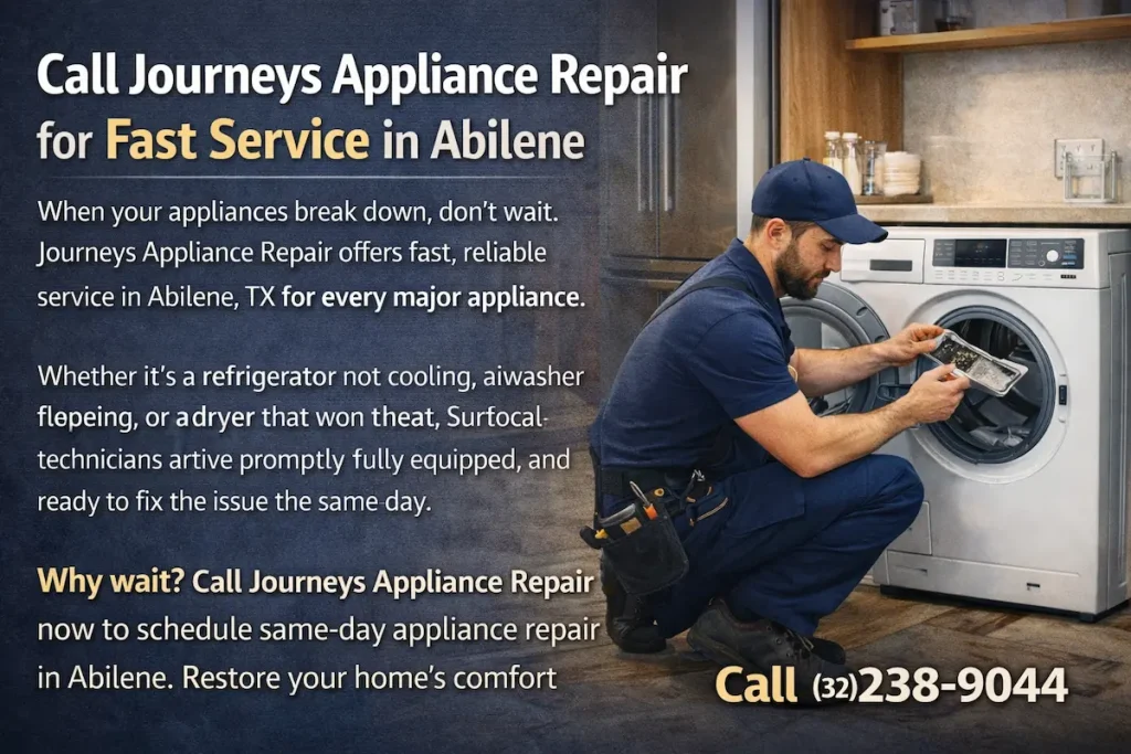 Local appliance repair technician fixing a washing machine in a modern Abilene home promoting same-day appliance repair service with call number (325) 238-9044.