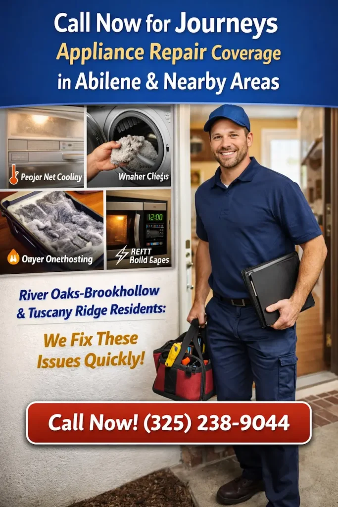 Service Area Abilene, TX โ Fast Appliance Repair 2 Journeys Appliance Repair technician at a home with fridge, washer, dryer, and microwave showing common appliance issues. Call Now! (325) 238-9044