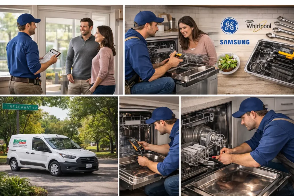 Local appliance repair technician inspecting and repairing a dishwasher inside an Abilene home kitchen while discussing the issue with homeowners.