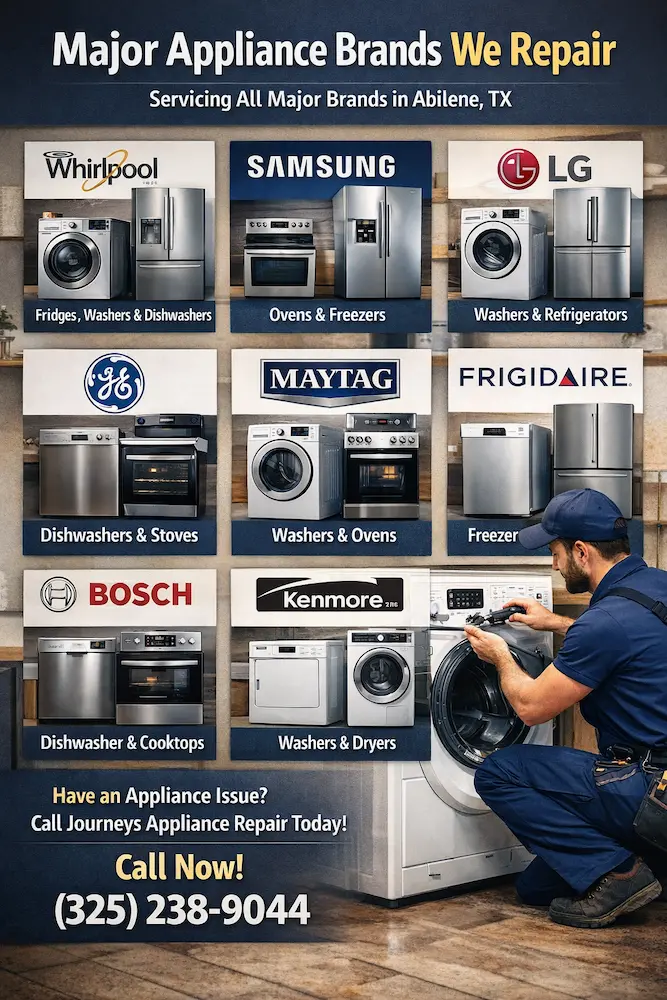 Technician repairing a washing machine with major appliance brands serviced by Journeys Appliance Repair in Abilene, TX including Whirlpool, Samsung, LG, GE, Maytag, Frigidaire, Bosch, and Kenmore with call number (325) 238-9044.