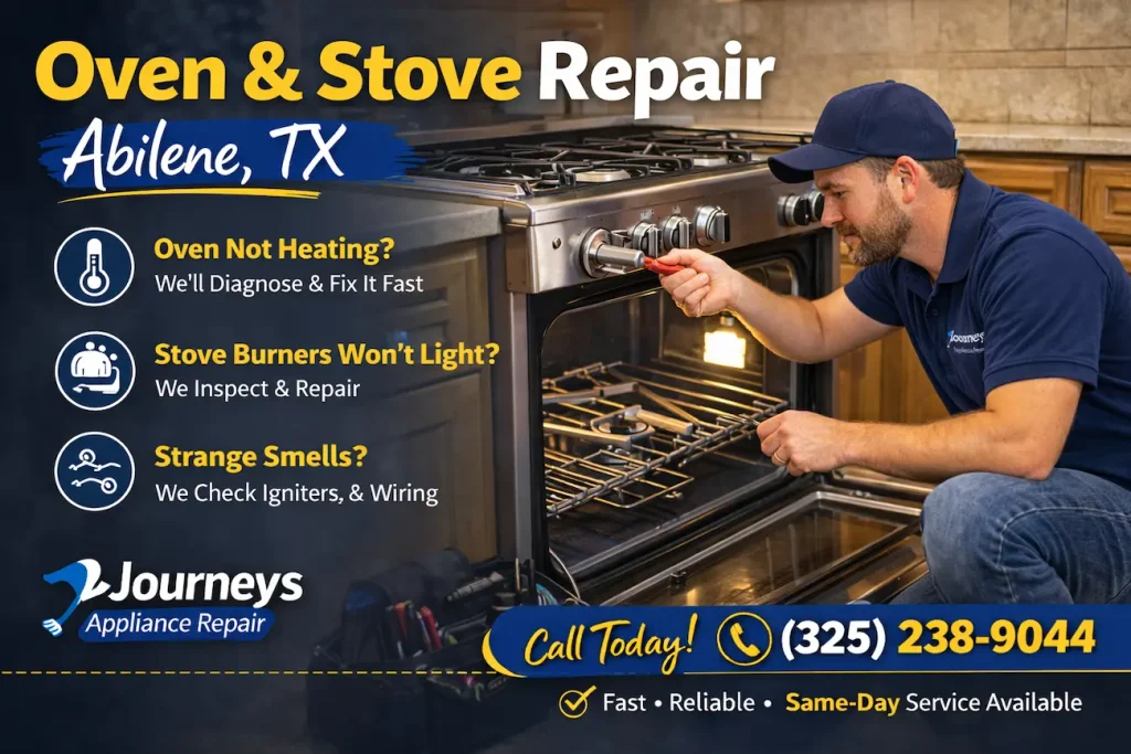 Technician repairing oven heating element and stove burners in Abilene TX kitchen