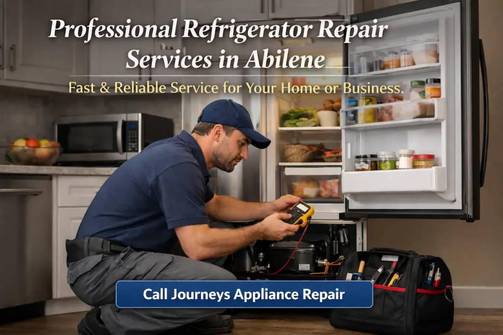 Refrigerator Repair Abilene TX | Fast & Reliable Service 1 Technician repairing refrigerator using diagnostic tool in home kitchen during professional refrigerator repair service in Abilene TX