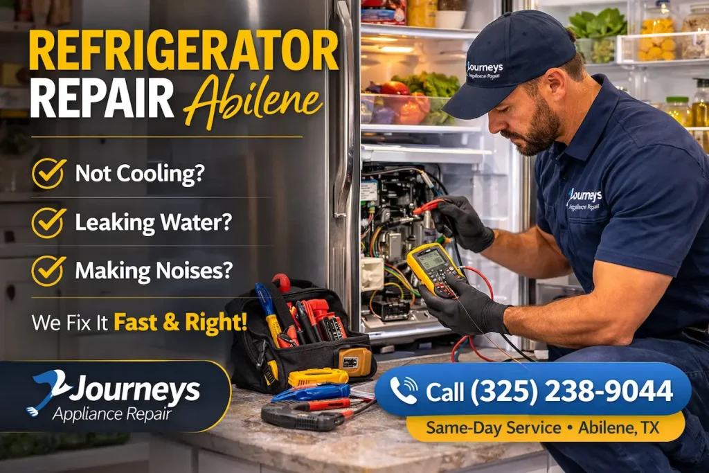 Journeys Appliance Repair technician diagnosing a refrigerator cooling problem in Abilene TX kitchen