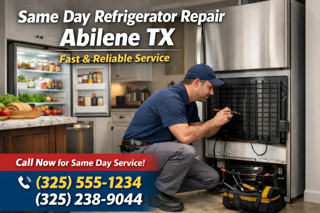 Refrigerator Repair Abilene TX | Fast & Reliable Service 2 Technician performing same day refrigerator repair in Abilene TX with tools beside a kitchen refrigerator.