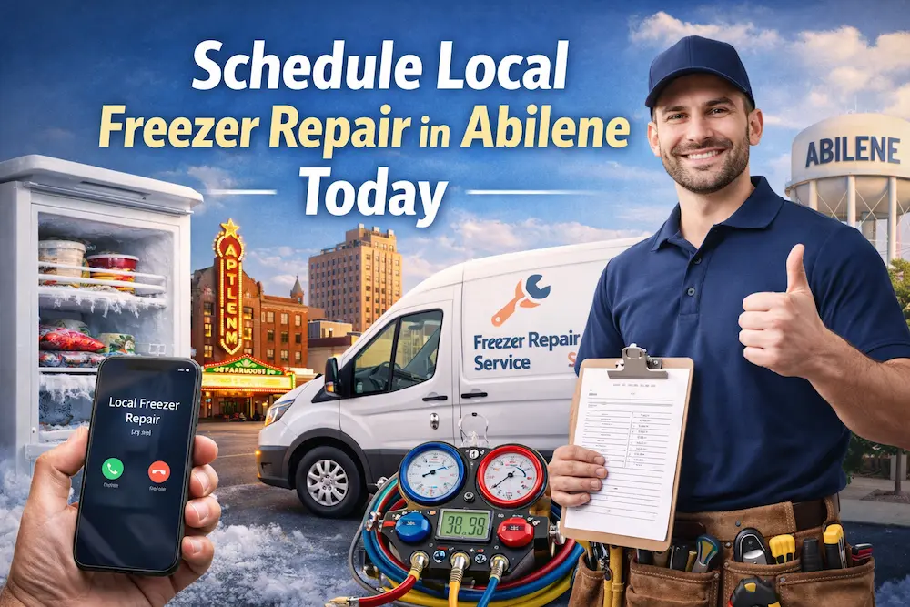 Appliance repair technician scheduling freezer repair service in Abilene TX with service van and freezer diagnostic equipment.
