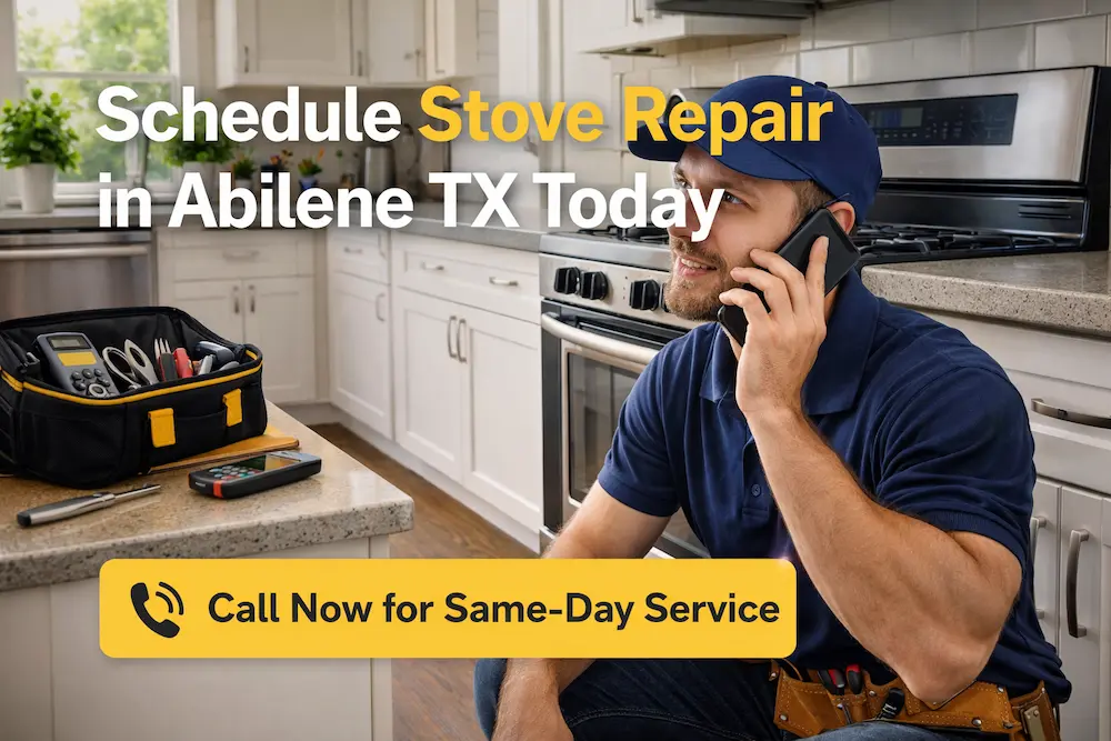 About Us – Appliance Repair Experts in Abilene, TX 3 Technician scheduling stove repair service on a phone in a modern kitchen with tools nearby
