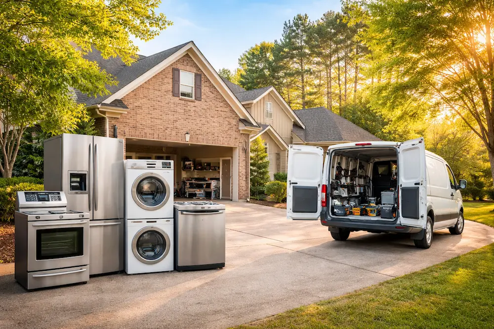 No Heat Dryer Mystery: 5 Causes & Fixes in Abilene 1 Journeys Appliance repair service van parked outside a Northwest Abilene Texas home with refrigerator washer dryer and other appliances in driveway.