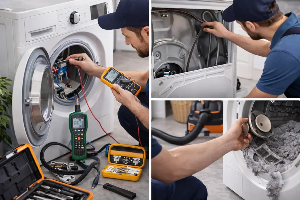 Dryer Repair Abilene, TX – Same-Day Service 3 Dryer repair technician using diagnostic tools including a multimeter, airflow meter, and vacuum system while inspecting internal dryer components.
