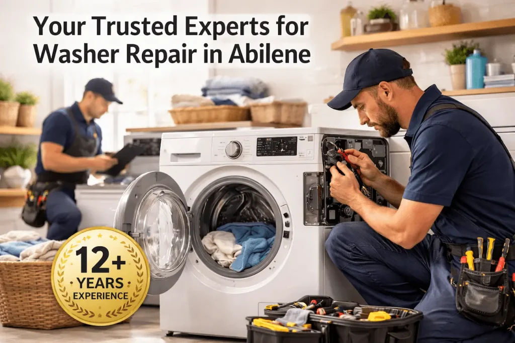 Washer Repair Abilene, TX – Same-Day Appliance Service 1 Experienced washer repair technicians diagnosing and repairing washing machines in a clean laundry room workspace.