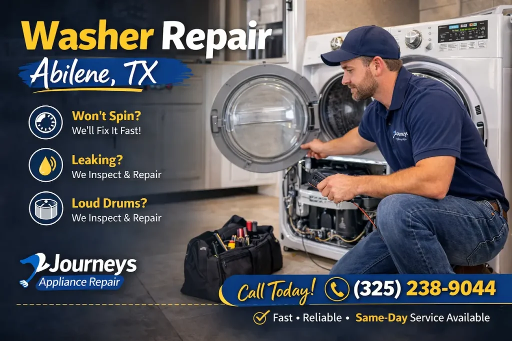 Appliance repair technician inspecting a front load washing machine drum in Abilene TX home