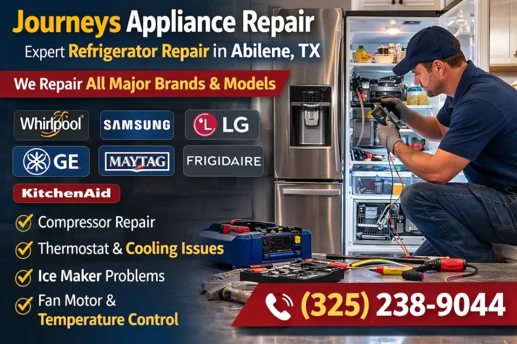 Refrigerator Repair Abilene TX | Fast & Reliable Service 3 Technician repairing a refrigerator in an Abilene TX kitchen with tools while servicing major brands like Whirlpool, Samsung, LG, GE, Maytag, Frigidaire, and KitchenAid.