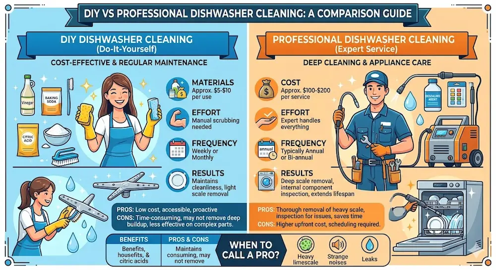 Hard Water & Your Dishwasher | Abilene Repair Guide 3 DIY vs professional dishwasher cleaning infographic comparing cost effectiveness and results for hard water removal