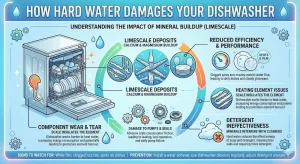 Hard water dishwasher damage infographic showing limescale buildup clogging spray arms and coating heating elements in Abilene homes