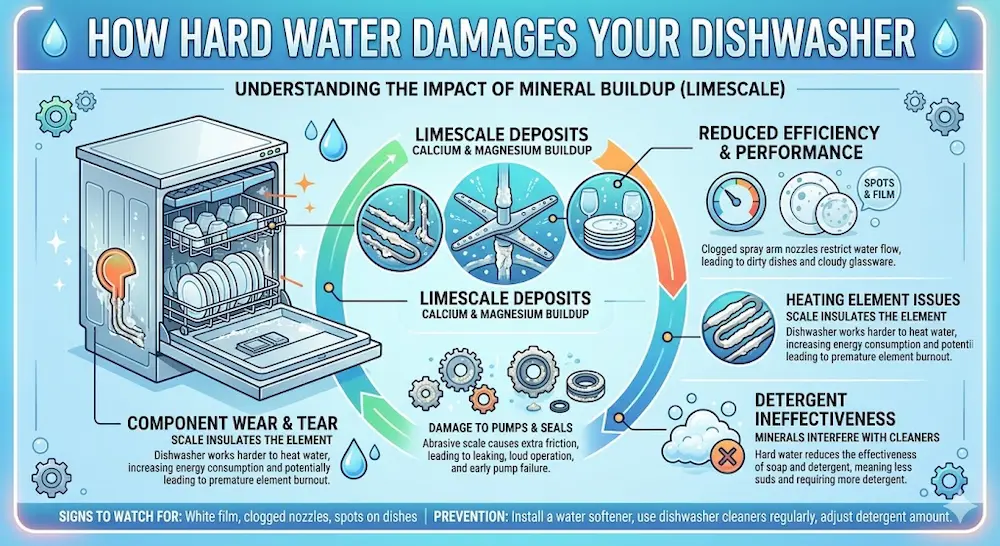 Hard Water & Your Dishwasher | Abilene Repair Guide 1 Hard water dishwasher damage infographic showing limescale buildup clogging spray arms and coating heating elements in Abilene homes