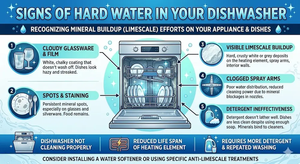 Hard Water & Your Dishwasher | Abilene Repair Guide 2 Dishwasher hard water signs infographic showing cloudy dishes white film on glassware and mineral buildup inside appliance