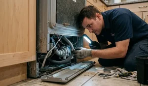 clogged dishwasher filter causing drainage problems Abilene TX Caption: A clogged dishwasher filter is the leading cause of standing water at the bottom of the tub. Cleaning it monthly is essential in Abilene where hard water accelerates buildup.
