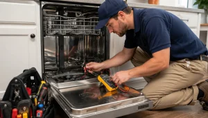 Local appliance repair technician in Abilene diagnosing a dishwasher with a digital multimeter in a modern kitchen during a professional repair visit.
