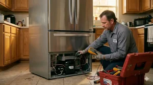 A repair technician in a grey uniform kneels on a residential kitchen floor, using a digital multimeter to diagnose the exposed compressor and copper piping at the back of a large, silver stainless steel French door refrigerator. A red toolbox with tools and 'ABILENE, TX' text sits nearby. The background shows wooden cabinets, countertops, and natural light from a window.