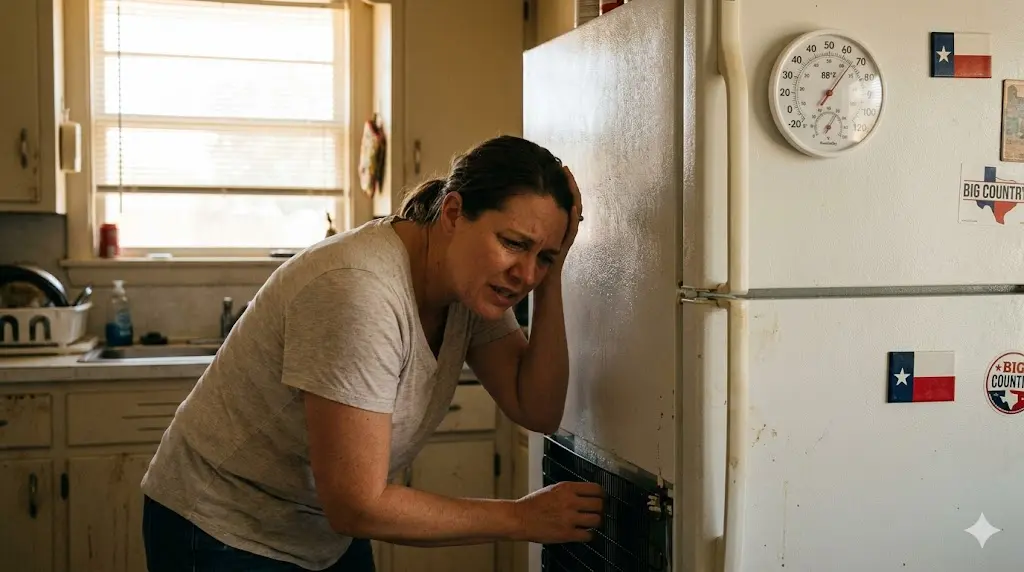 A candid indoor photograph of a woman in a warm Abilene, Texas kitchen, pressing her ear against a running refrigerator with an exasperated expression. Condensation is visible on the appliance, and a wall thermometer nearby reads 88°F, illustrating the impact of heat on the appliance.
