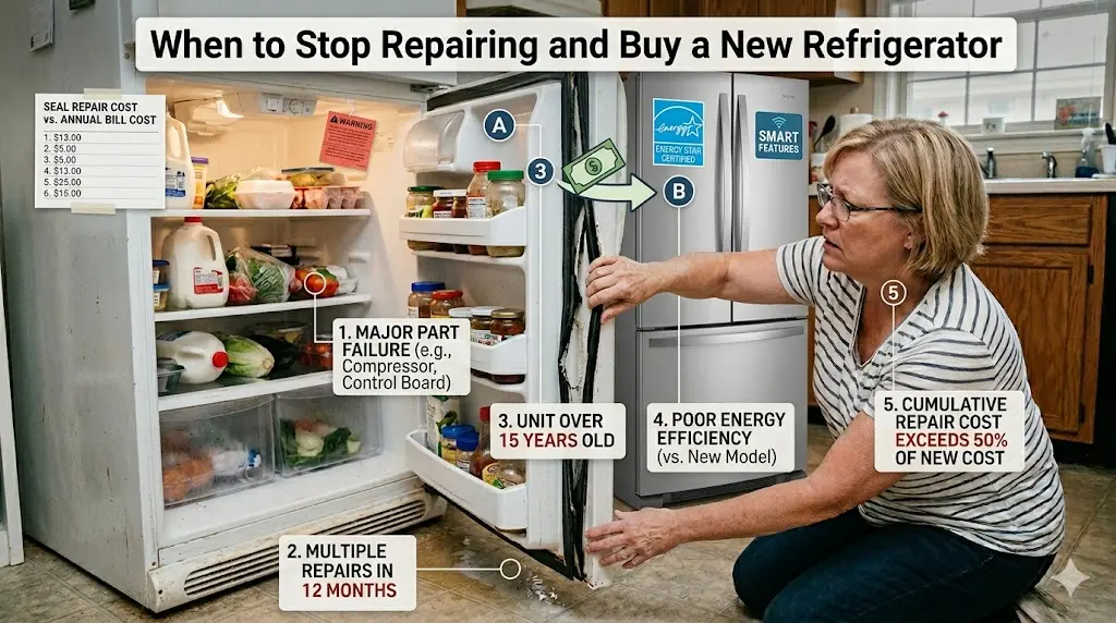 Comparison guide showing when to replace an old broken refrigerator vs buying a new energy-efficient model.