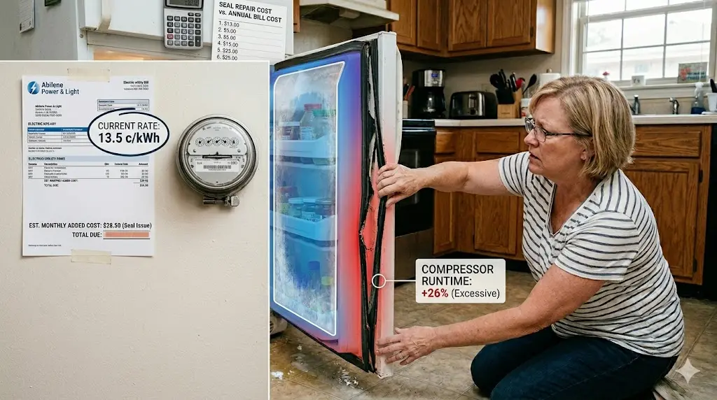 Graphic showing high energy bill costs and increased compressor runtime due to a broken fridge door seal.