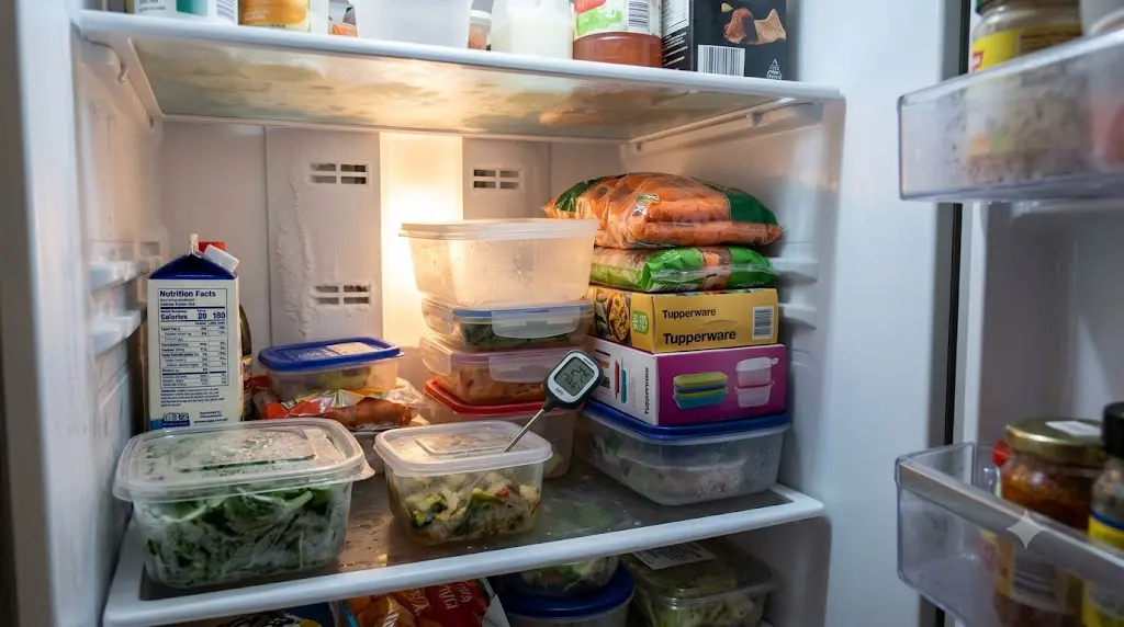 A close-up, eye-level photograph of the inside of a brightly lit refrigerator where plastic Tupperware containers and a clear bag of carrots are stacked tightly together, completely blocking the back air vents. A digital thermometer resting on a lower shelf reads a freezing temperature, and a light layer of frost is visible on the plastic container of leafy greens in the foreground.
