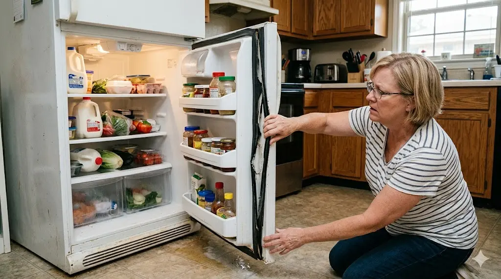 Abilene homeowner checking a damaged, loose refrigerator door gasket seal leaking water on kitchen floor.