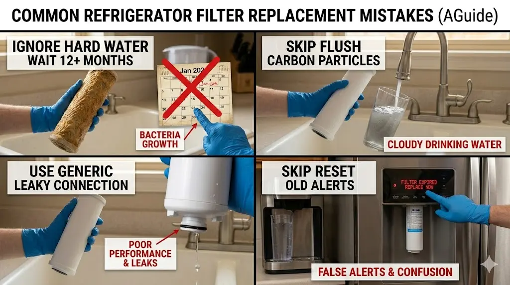 A photorealistic four-panel guide titled "COMMON REFRIGERATOR FILTER REPLACEMENT MISTAKES (AGuide)". Panel 1: "IGNORE HARD WATER / WAIT 12+ MONTHS", showing a mineral-caked filter with an old calendar page and "BACTERIA GROWTH" warning. Panel 2: "SKIP FLUSH / CARBON PARTICLES", with a new filter producing cloudy water. Panel 3: "USE GENERIC / LEAKY CONNECTION", illustrating a dripping generic filter connection. Panel 4: "SKIP RESET / OLD ALERTS", showing a dispenser display still reading "FILTER EXPIRED" even with a clean filter installed. A gloved hand performs all actions.