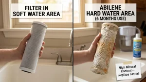 Split-screen photograph comparison: Left panel shows a relatively clean white carbon water filter with the text overlay "FILTER IN SOFT WATER AREA". Right panel shows an identical filter heavily caked in thick, textured orange and off-white mineral scale and calcium deposits, with the text overlay "ABILENE HARD WATER AREA (6 MONTHS USE)". A distressed note below the Abilene filter reads "High Mineral Content - Replace Faster!".