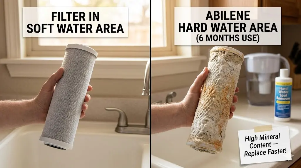 Split-screen photograph comparison: Left panel shows a relatively clean white carbon water filter with the text overlay "FILTER IN SOFT WATER AREA". Right panel shows an identical filter heavily caked in thick, textured orange and off-white mineral scale and calcium deposits, with the text overlay "ABILENE HARD WATER AREA (6 MONTHS USE)". A distressed note below the Abilene filter reads "High Mineral Content - Replace Faster!".